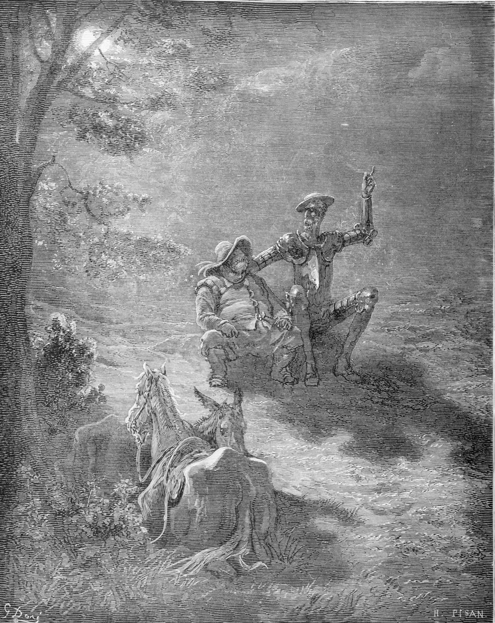 Éjszakai beszéd, Miguel Cervantes (1547-1616) "Don Quijote de la Mancha" című művéből, Heliodore Joseph Pisan (1822-90) metszete 1868 körül alkotó: Gustave Dore