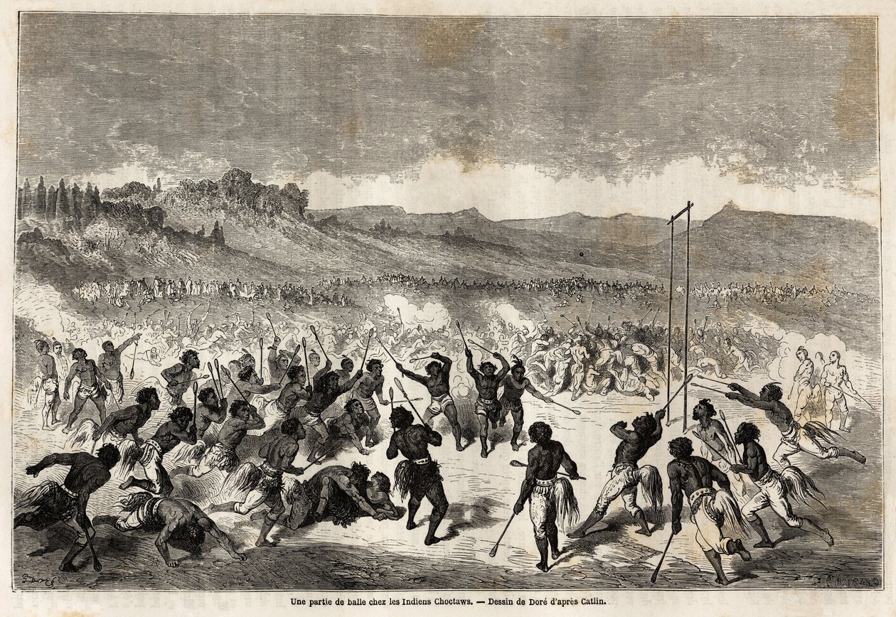 Gustave Dore (1832-1883) által rajzolt labdajáték a Choctaws indiánok között, a Mississippi régió törzsében, hogy szemléltesse Baudouin Mollhausen (1825-1905) Mississippi Csendes-óceáni útját 1853-54-ben. Metszet „” Le tour du monde, nouveau j alkotó: Gustave Dore