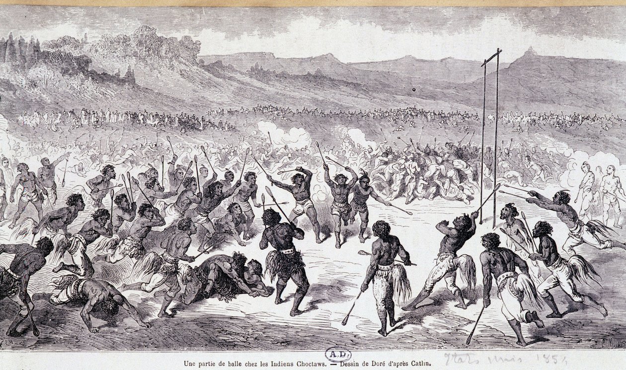 Labdajáték a Choctaws indiánokban – Gustave Doré metszet alkotó: Gustave Dore