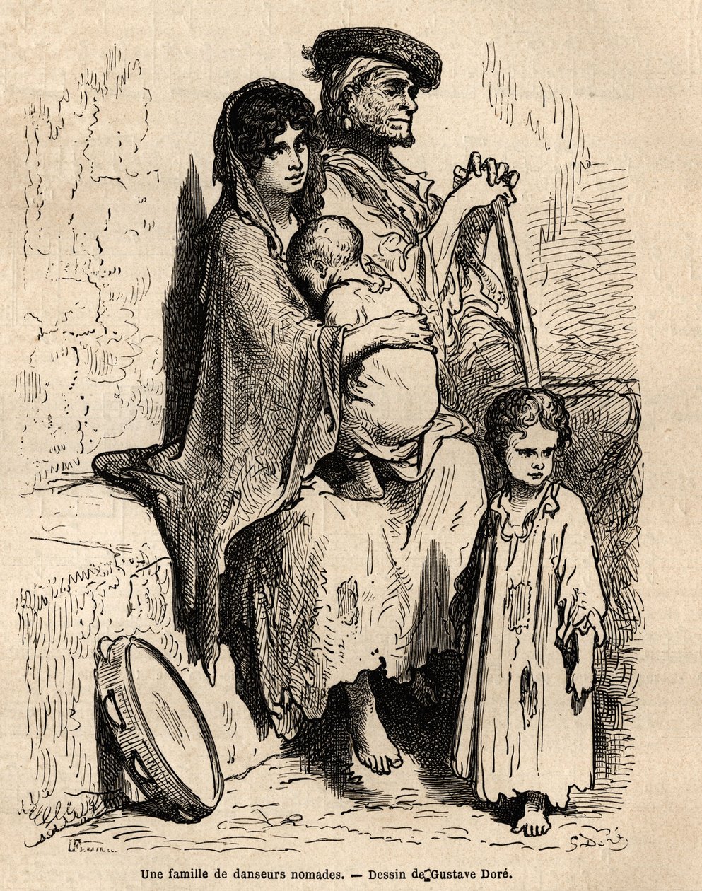 Nomád táncosok családja pihen Sevilla utcáin. Gustave Dore (1832-1883) vázlatát élőben készítette. A spanyolországi utazást illusztráló metszet, Charles Davillier és Gustave Dore 1862-ben a „Le tour du monde, nouveau Journal des voyag” c. alkotó: Gustave Dore