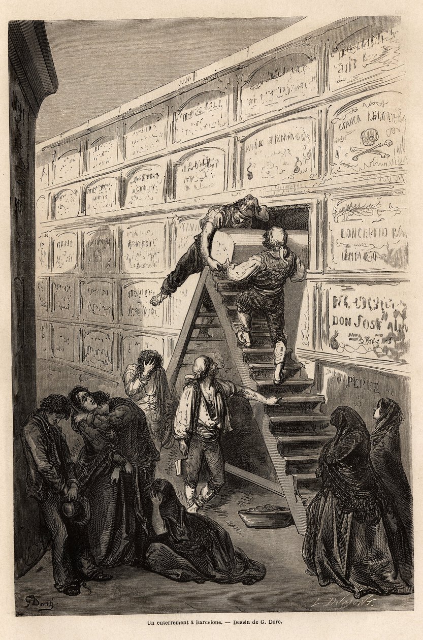 Temetés Barcelonában, Gustave Dore (1832-1883) rajza, hogy illusztrálja spanyolországi utazását C. Davillier-vel 1862-ben. Metszet a "" Le tour du monde "-be, szerkesztette Edouard Charton alkotó: Gustave Dore