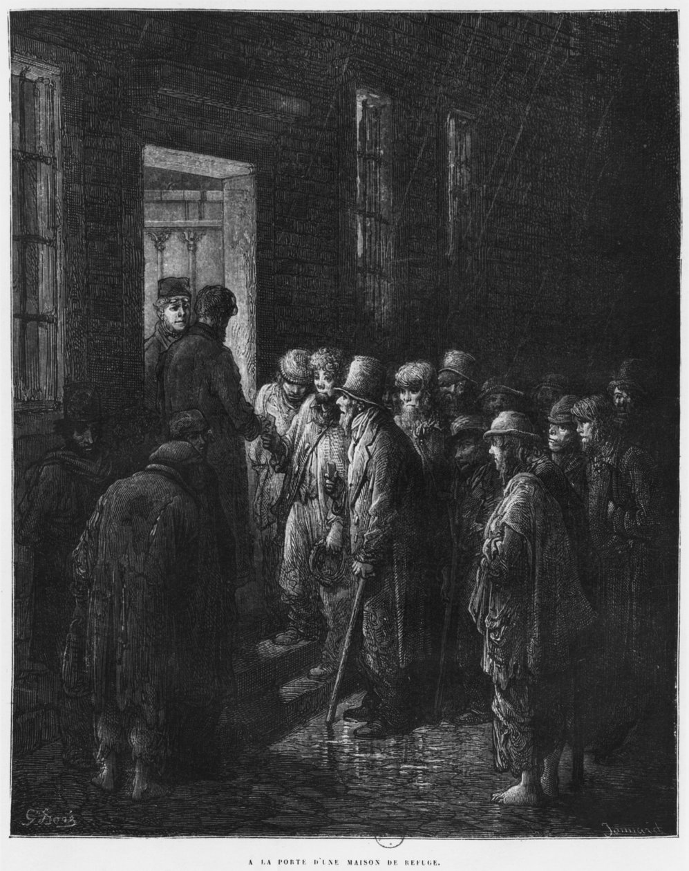 Menedékház, Louis Enault (1824-1900) 1876-os „Londres”-i illusztrációja, Paul Jonnard-Pacel (†1902) metszet, Párizs, Hachette alkotó: Gustave Dore