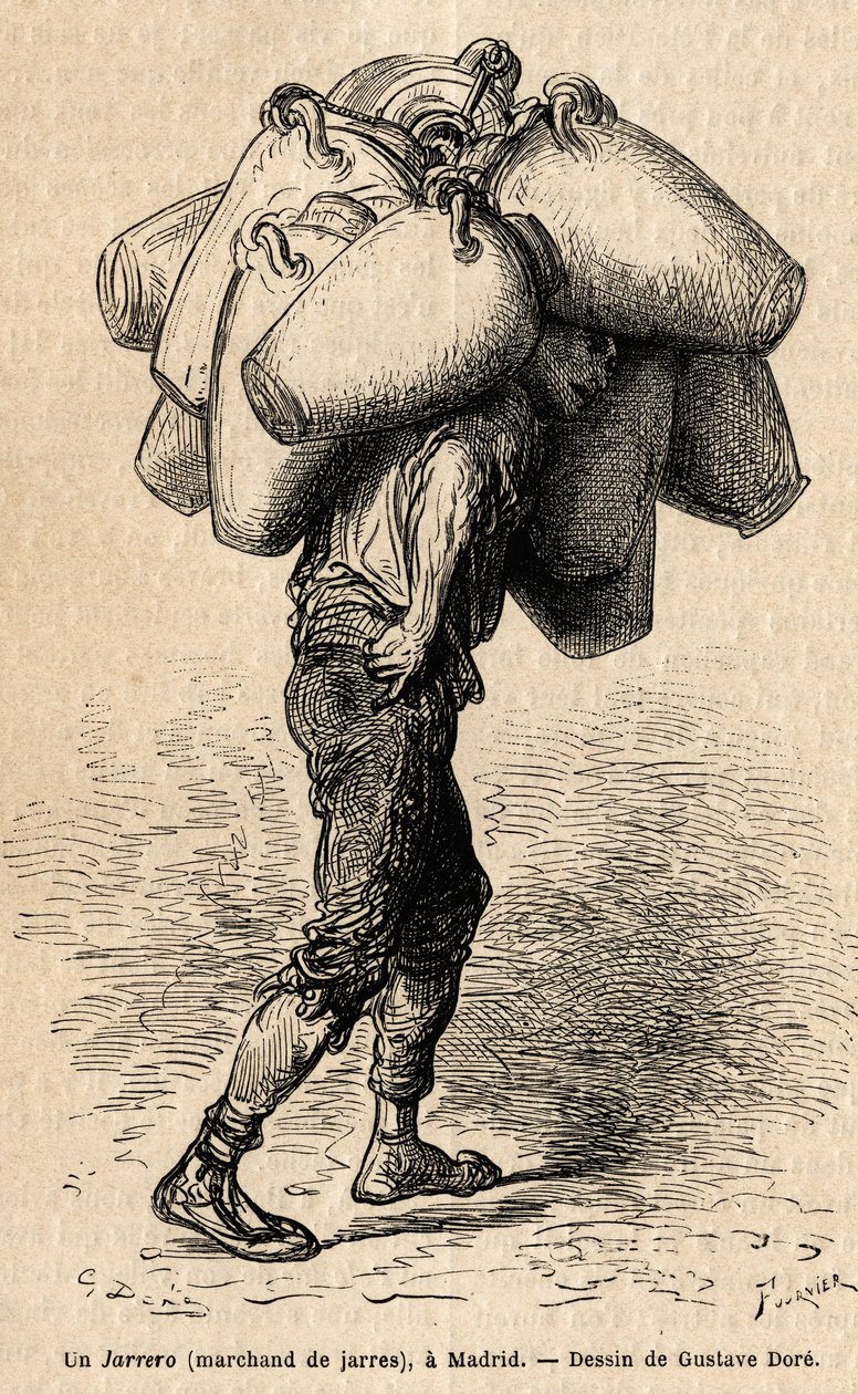 Korsós kereskedő, vázlat az élénk Madridban készült. Gustave Dore (1832-1883) metszete spanyolországi utazásának illusztrálására Ch. Davillier (szerkesztő), 1862-ben, megjelent a "" Le tour du monde""" 1869-ben, szerkesztette Edouard Charton, Hachette kiad alkotó: Gustave Dore