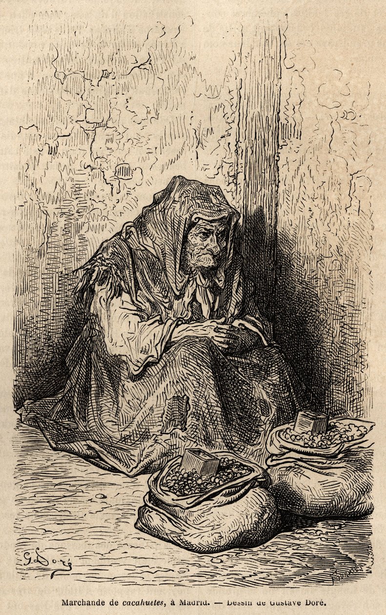 Egy földimogyoró-kereskedő, vázlat a madridi Puerta del solban. Gustave Dore (1832-1883) metszete spanyolországi utazásának illusztrálására Ch. Davillier (szerkesztő), 1862-ben, megjelent a "" Le tour du monde""" 1869-ben, szerkesztette Edouard Charton, Ha alkotó: Gustave Dore