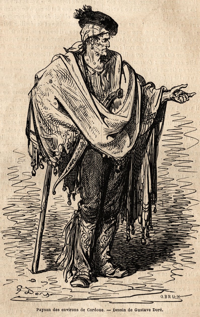 Cordoba régióból származó paraszt. Gustave Dore (1832-1883) vázlatát élőben készítette. A spanyolországi utazást illusztráló metszet, Charles Davillier és Gustave Dore 1862-ben a „Le tour du monde, nouveau Journal des voyages” című kiadványában, amely a di alkotó: Gustave Dore