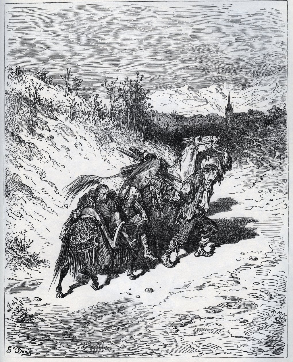 Egy szántó visszahozza Don Quijotét és Rossinantét a faluba – Miguel Cervantes „Don Quijote de la Mancha” című művéből alkotó: Gustave Dore
