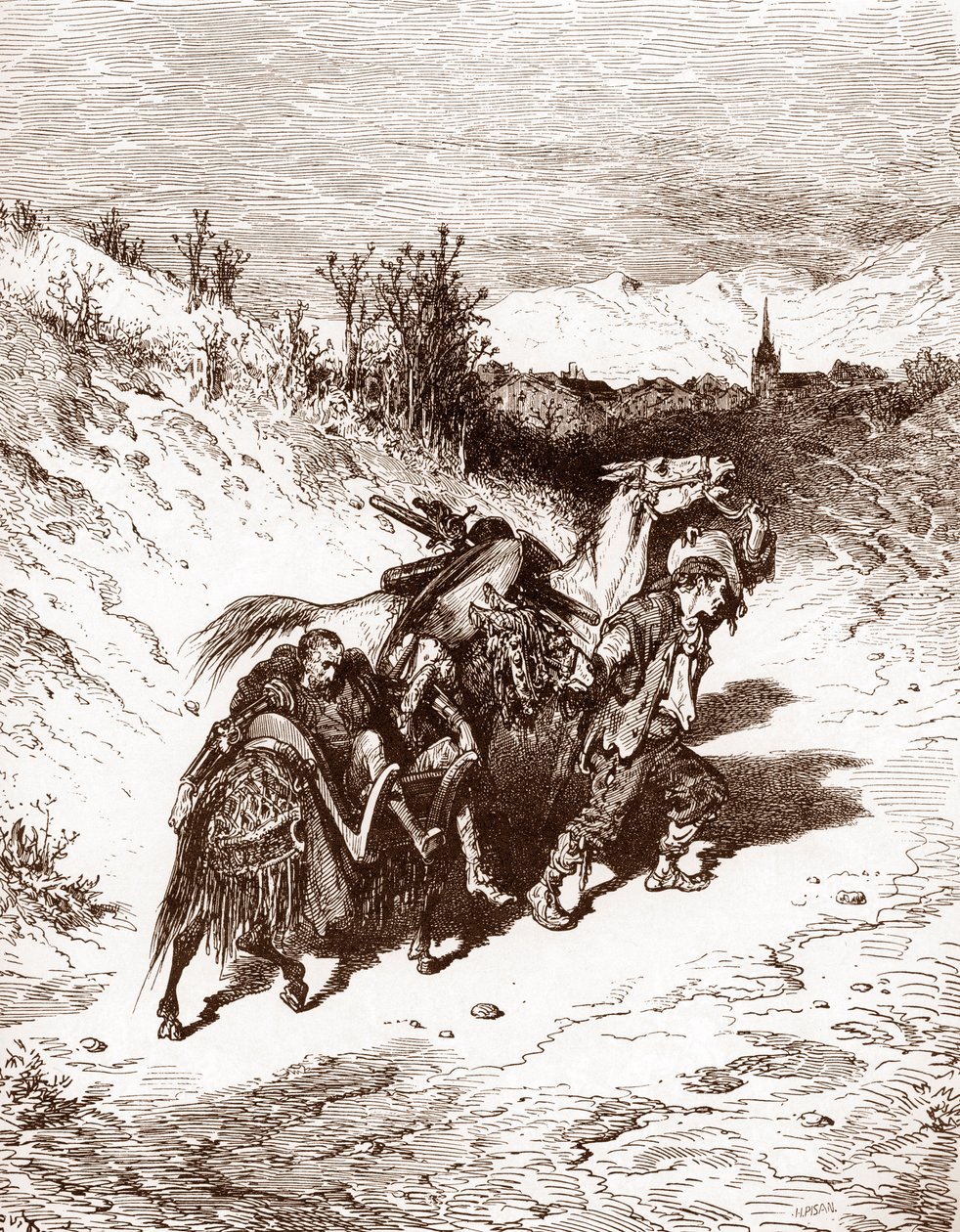 Egy szántóvető a saját falujából hazahozza Quijotét Gustave Dore (1832-1883) metszete Miguel de Cervantes (1547-1616) „L