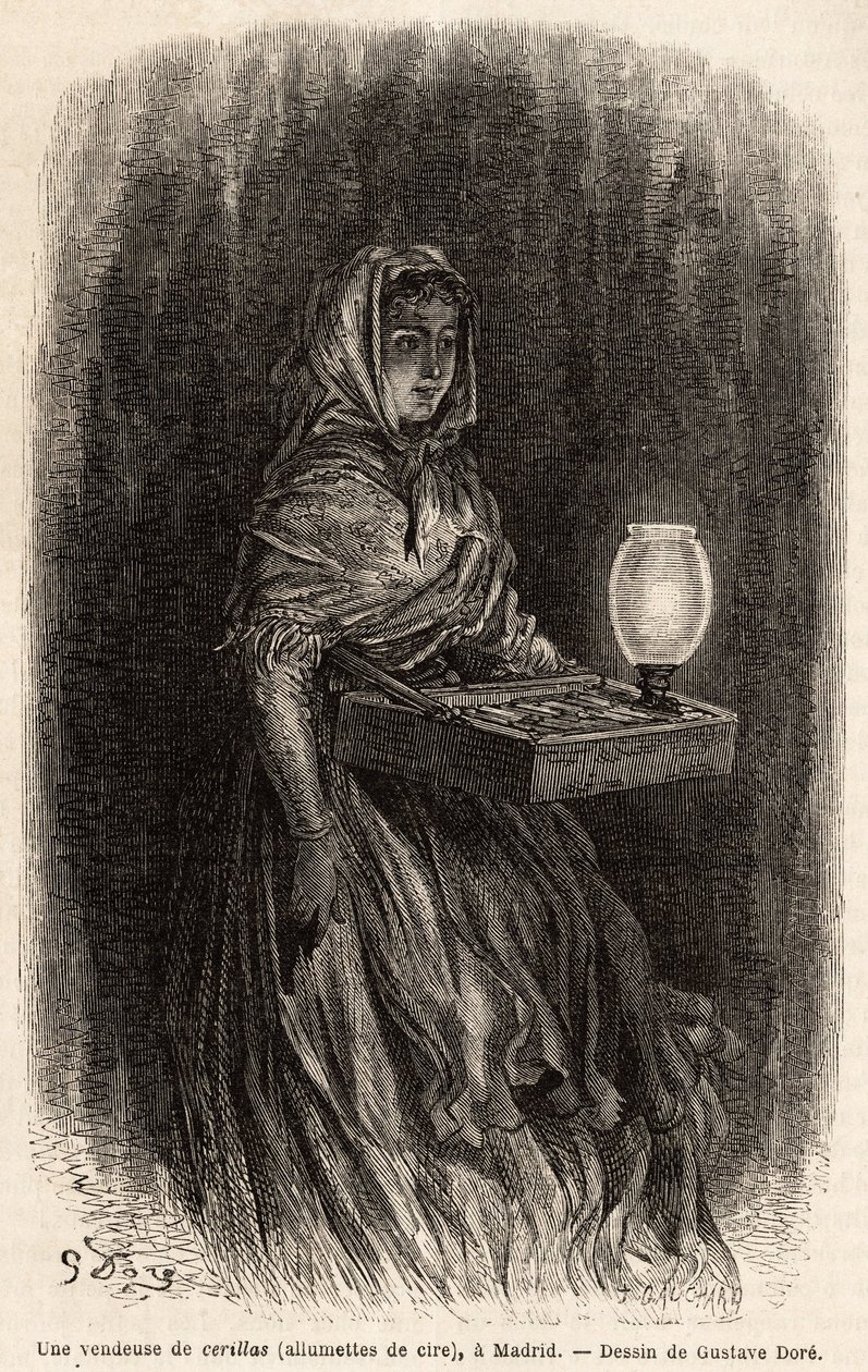 Viaszgyufa eladónő, vázlat élőben a puerta del solban, Madridban. Gustave Dore (1832-1883) metszete spanyolországi utazásának illusztrálására Ch. Davillier (szerkesztő), 1862-ben, megjelent a "" Le tour du monde""" 1869-ben, szerkesztette Edouard Charton, alkotó: Gustave Dore