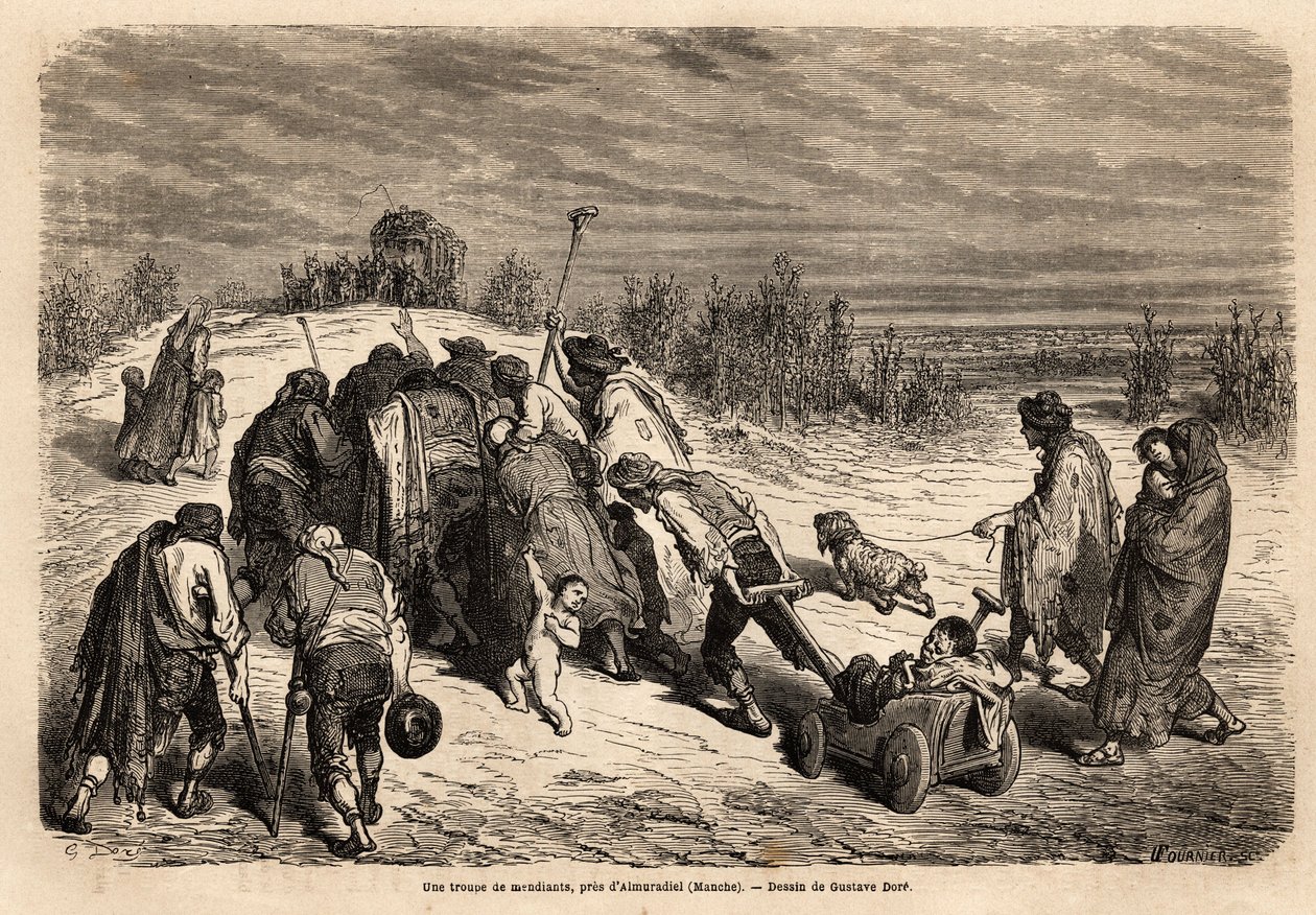 Koldusok és betegesek csapata, a csodák valóságos udvara, szorgalmasan mandulát kér Almuradiel (Mancha tartomány) környékén. Gustave Dore (1832-1883) rajza. Metszet a spanyolországi utazás szemléltetésére, 1862-ben Károlytól alkotó: Gustave Dore