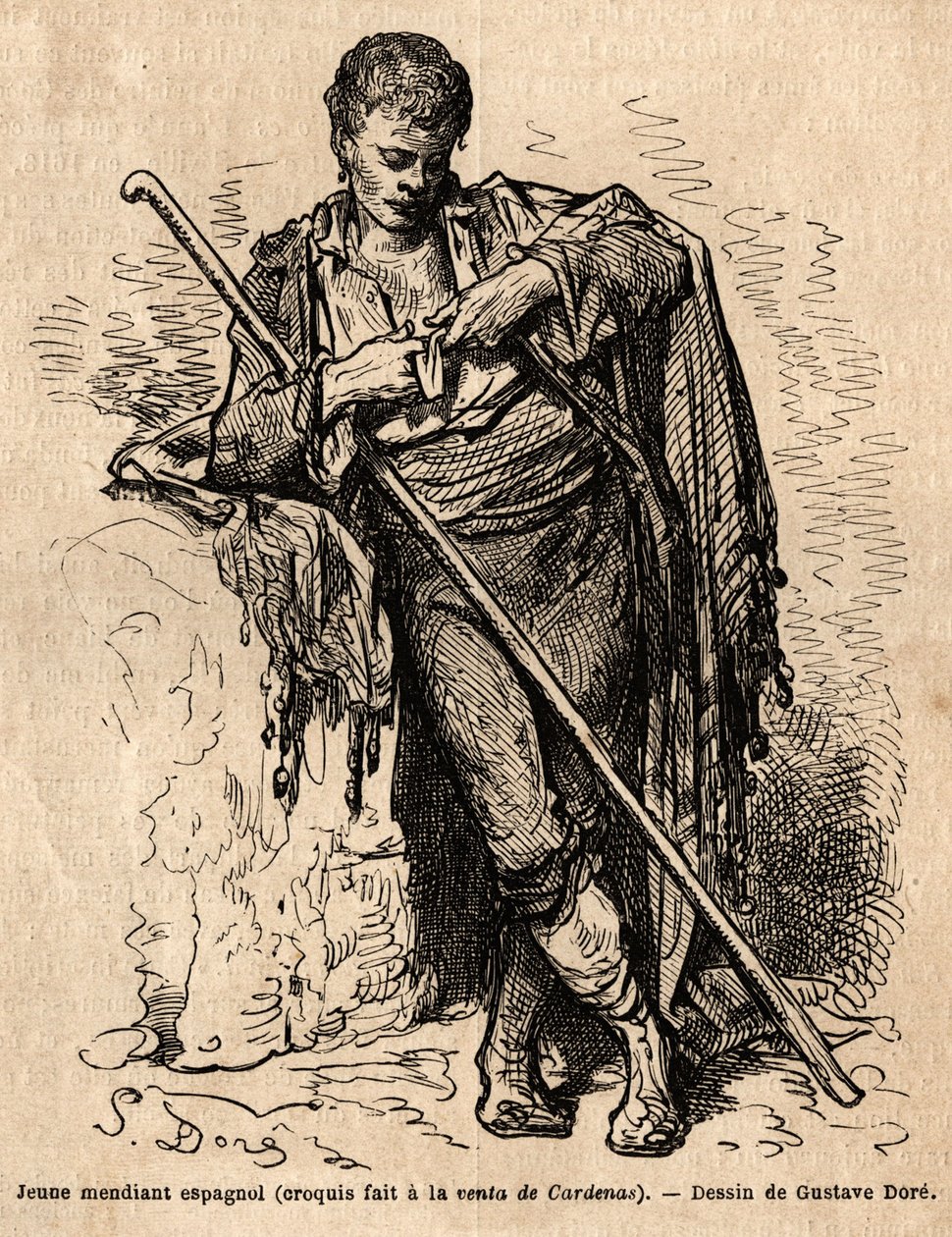 Egy fiatal koldus, a la vente de Cardenas, egy fogadó az almadeni úton (a Csatorna tartománya). Gustave Dore (1832-1883) vázlatát élőben készítette. A spanyolországi utazást illusztráló metszet Charles Davillier és Gustave Dore 1862-ben, a „Le tour d” c. alkotó: Gustave Dore