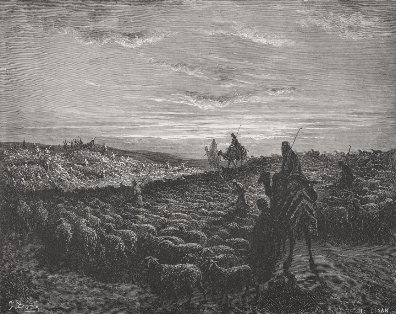 Ábrahám utazás Kánaán földjére, 1Móz 13:1-4, illusztráció Dore „The Holy Bible” című könyvéből, vésett Pisan, 1866 alkotó: Gustave Dore