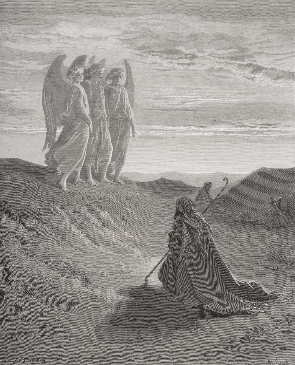 Ábrahám és a három angyal, illusztráció Dore „The Holy Bible” című művéből, vésette Ligny, 1866 alkotó: Gustave Dore
