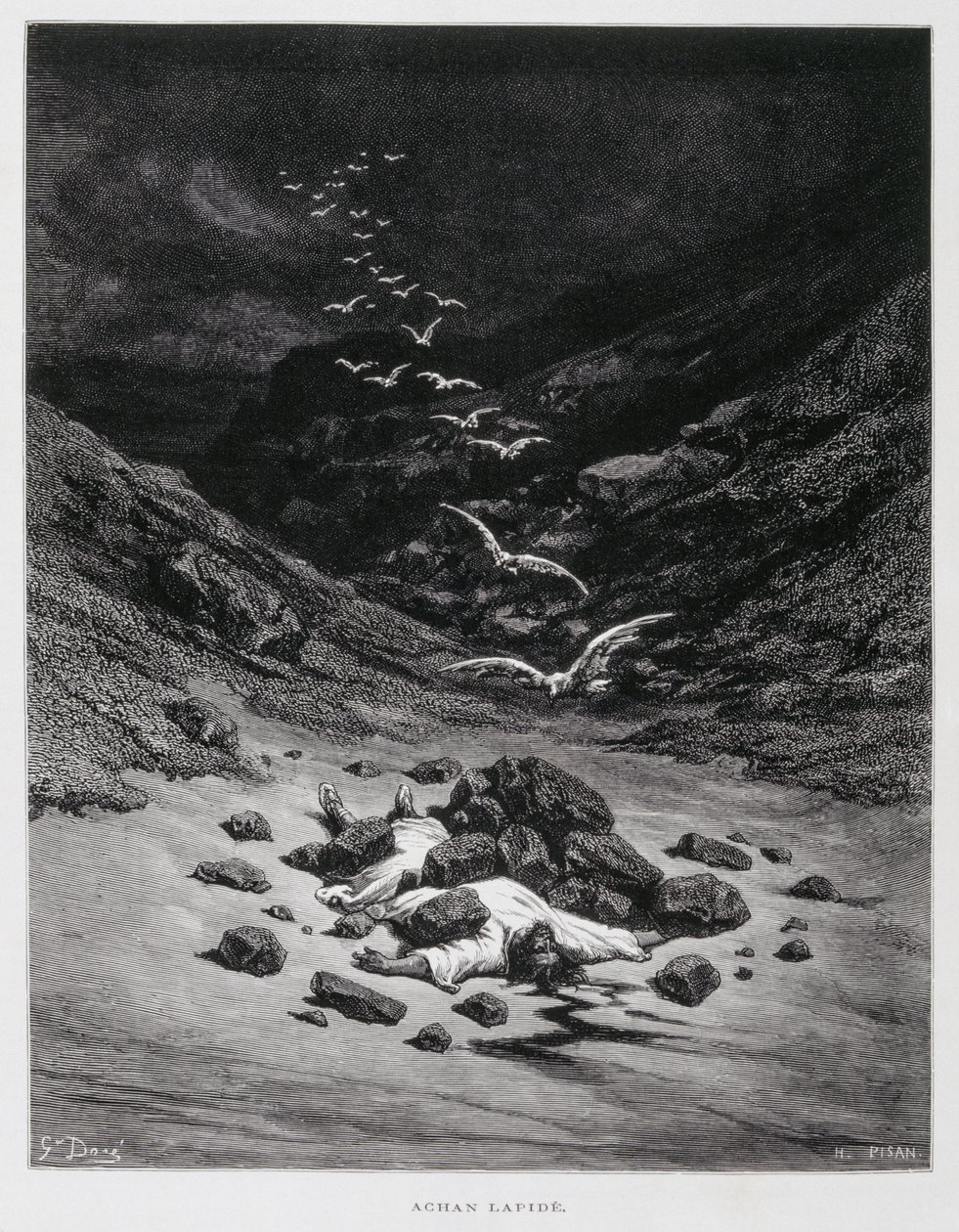 Ákán halálra kövezése (Józs 7:1,10-26), Illusztráció a Dore Bibliából. alkotó: Gustave Dore