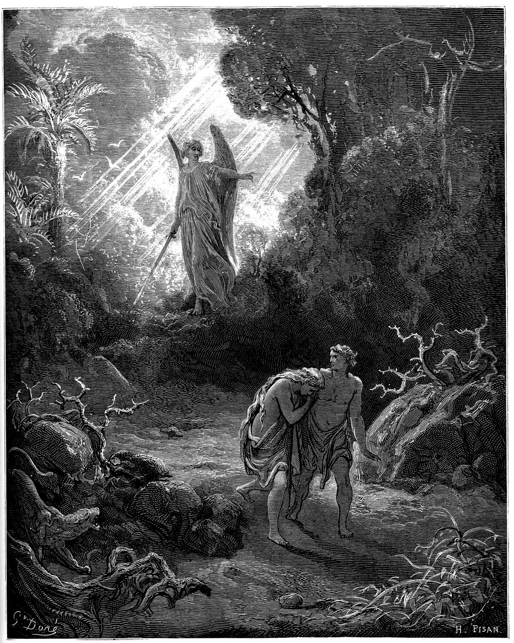 Ádám és Éva vadászik a Paradicsomból - Gustave Dore illusztrációja a Biblia számára - alkotó: Gustave Dore