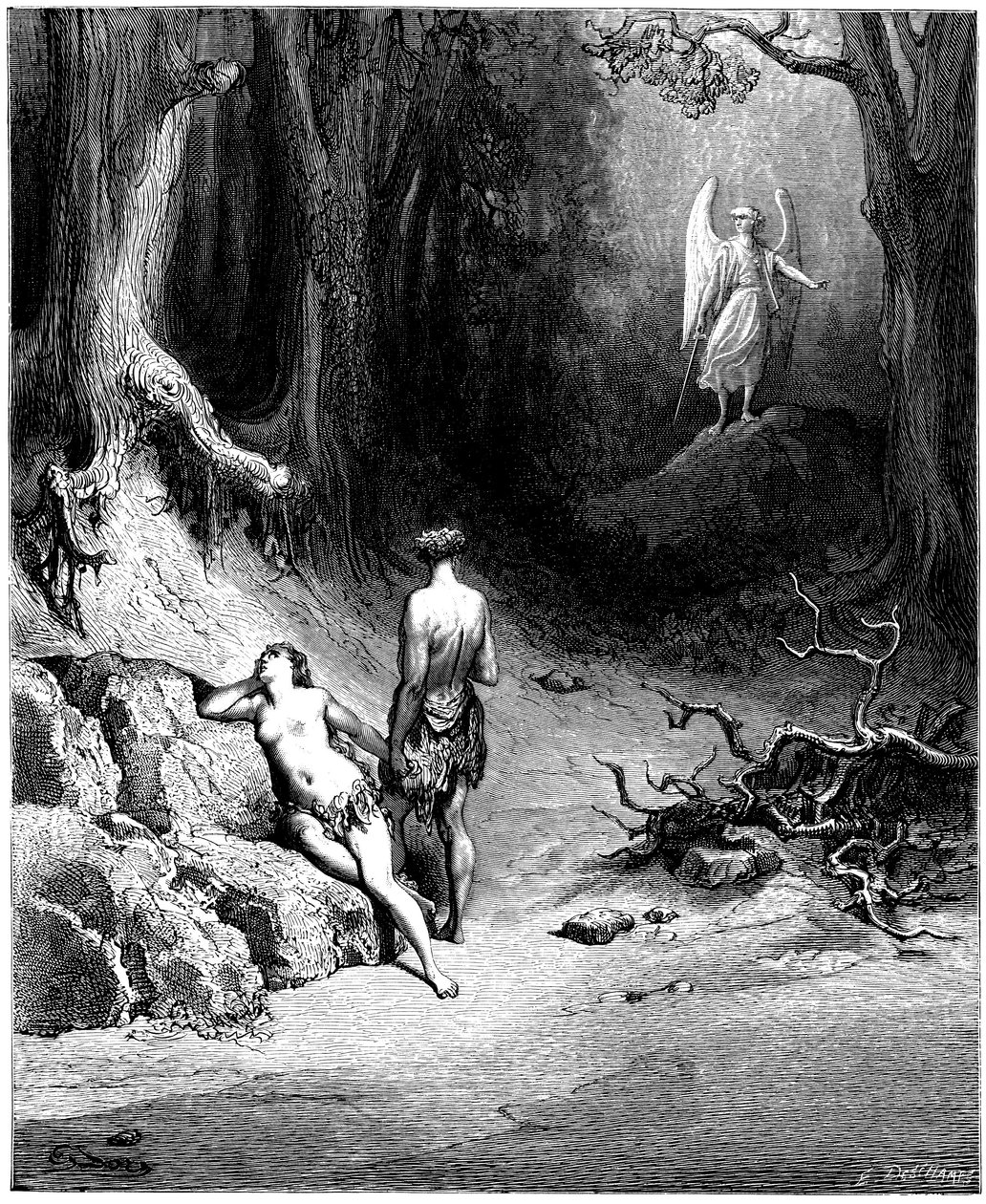 Ádám és Éva a Paradicsomból vadászik. Gustave Dore illusztrációja John Milton (1608-1674) "Elveszett Paradicsom" című művéhez. Metszet 1866-ból. Magángyűjtemény alkotó: Gustave Dore