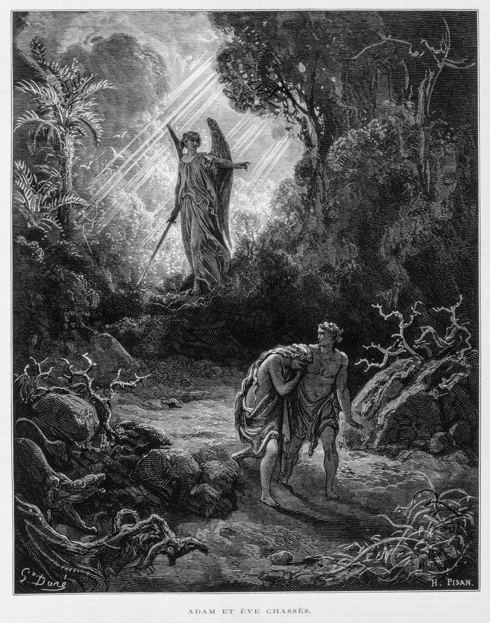 Ádámot és Évát egy angyal száműzi az Édenkertből, illusztráció a Dore Bibliából. alkotó: Gustave Dore