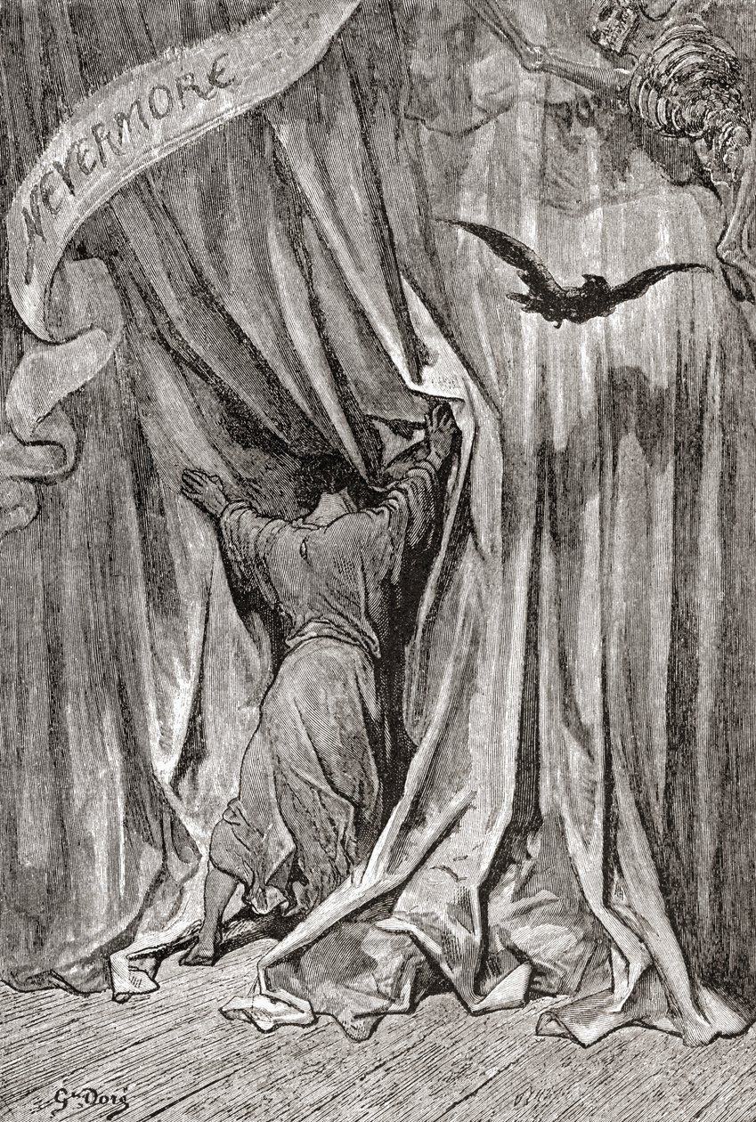 Gustave Dore rajza után, amelyet Edgar Allan Poe A holló című verséhez készített. Gustave Dore 1885-ben kiadott Élet és emlékek című kötetéből. alkotó: Gustave Dore