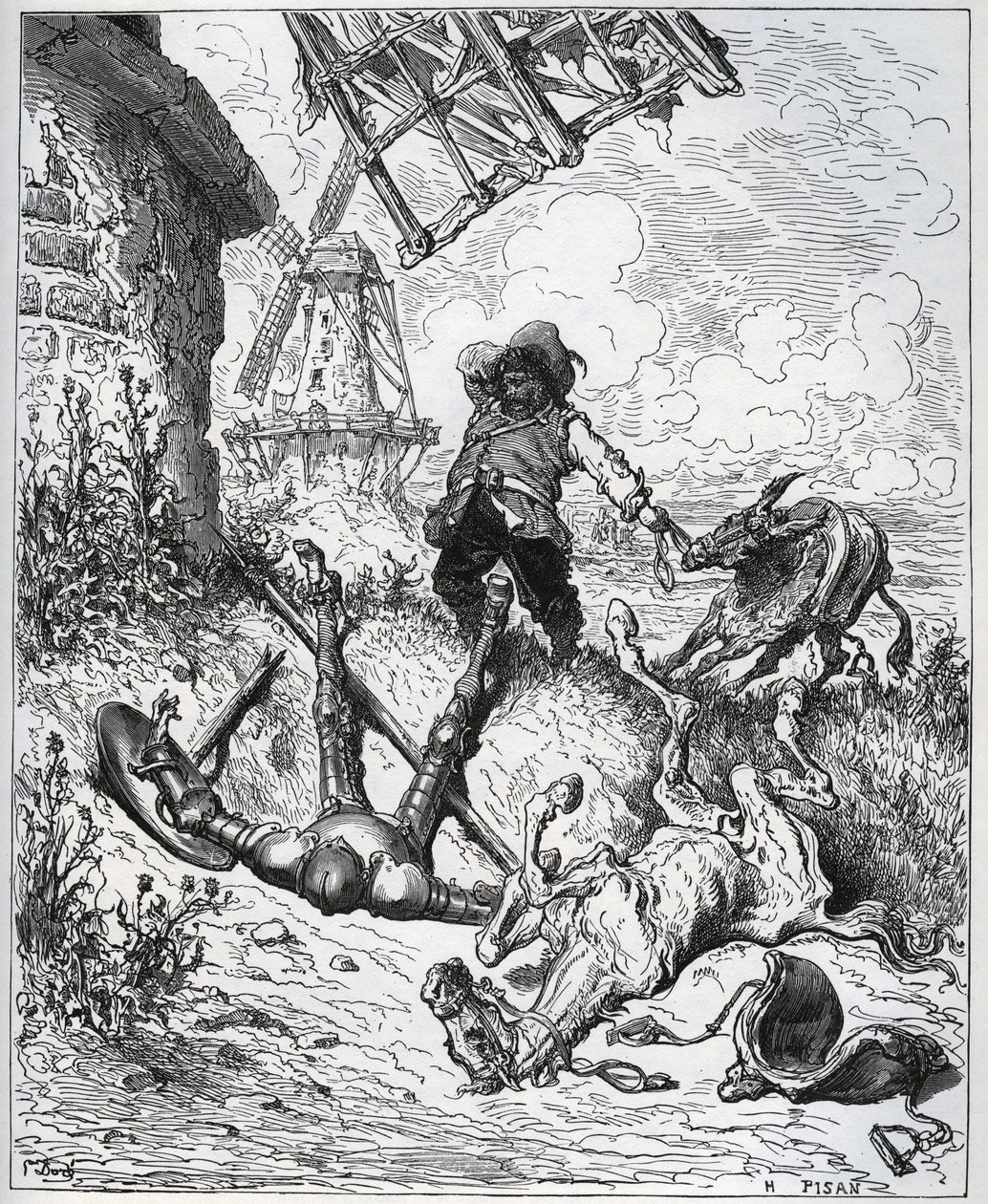 A támadás után a szélmalmok adják - „” Misericorde! "" Sancho - a "" Don Quijote de la Mancha"-ból, Miguel Cervantes (1547-1616) (Don Quijote) - Fametszet Gustave Dore rajza alapján alkotó: Gustave Dore