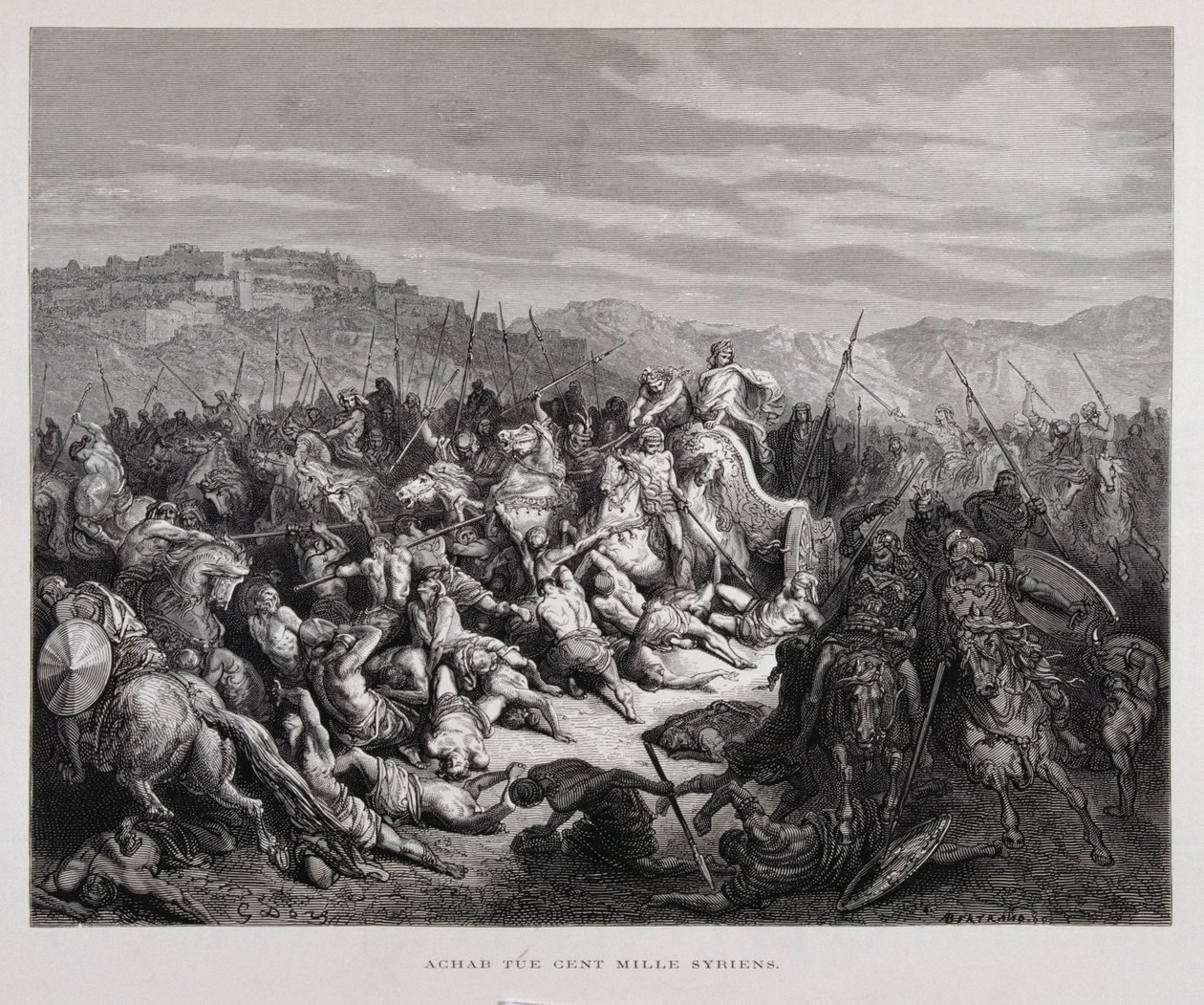 Ahab harcol az asszírokkal a qarqari csatában, illusztráció a Dore Bibliából. alkotó: Gustave Dore