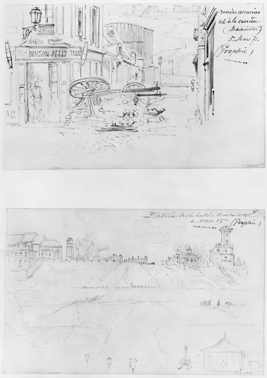 Párizs ostromának albuma, Rue des Acacias et rue de la Carriere 1871. március 5., elemek a Buttes Montmartre-en 1871. március 6. (toll és barna tintamosás és ceruza papíron) alkotó: Gustave Dore