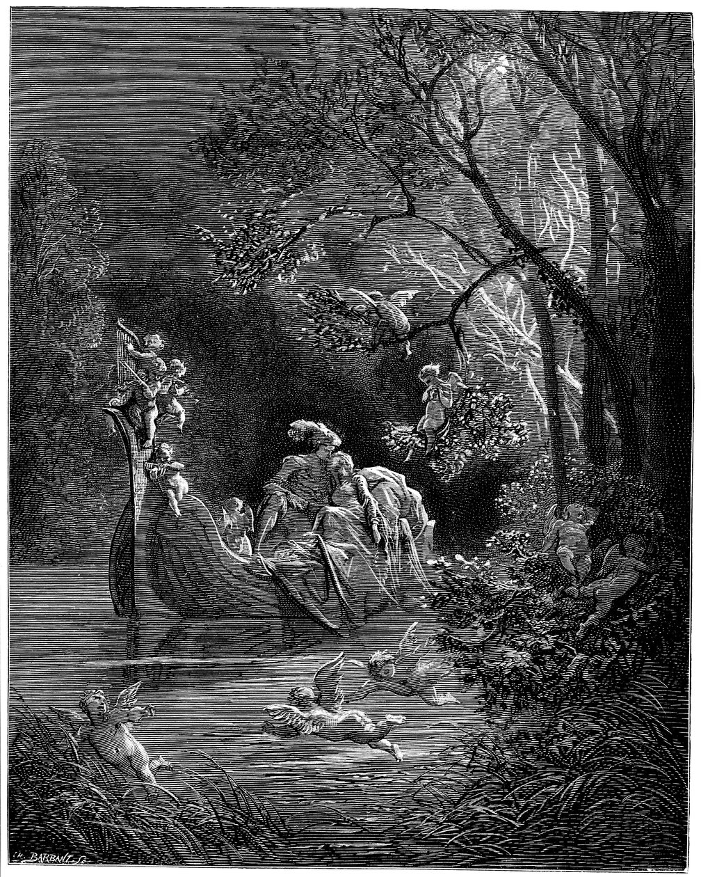 Alcina és Ruggiero boldog szerelmesekként horgásznak alkotó: Gustave Dore