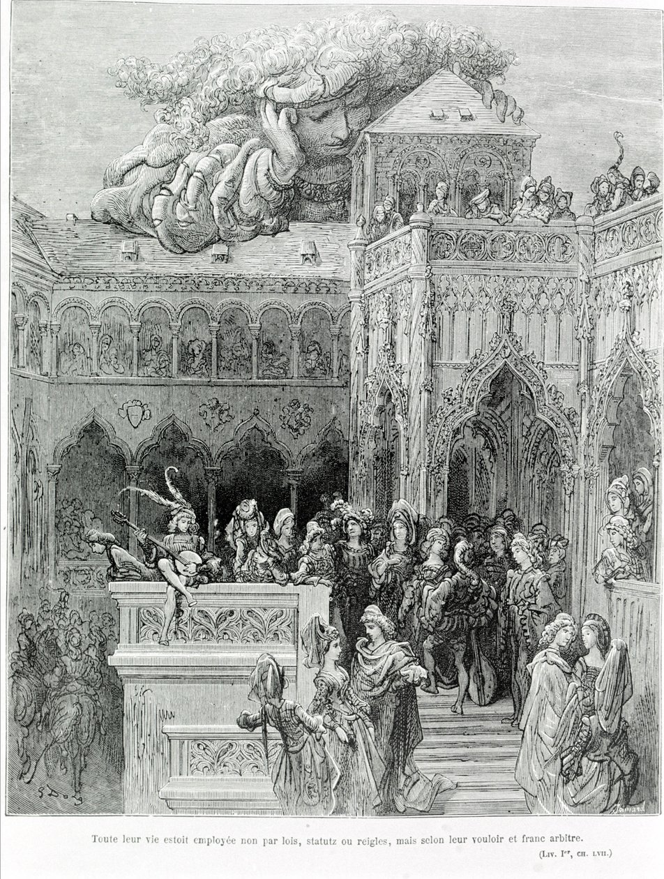 Egész életüket nem törvények, törvények vagy szabályok dolgozták fel, hanem akaratuk és őszinte akaratuk szerint, François Rabelais (1483-1553) Gargantua (1534) után. Metszett: Gustave Dore (1832-1883). alkotó: Gustave Dore