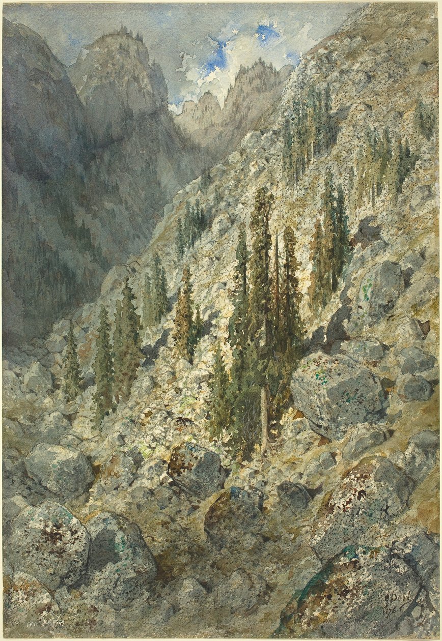 Alpesi völgy fákkal és sziklákkal alkotó: Gustave Dore