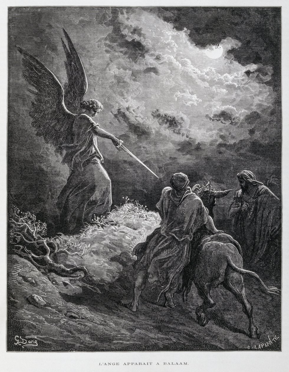 Egy angyal találkozott Bálámmal egy karddal, illusztráció a Dore Bibliából alkotó: Gustave Dore