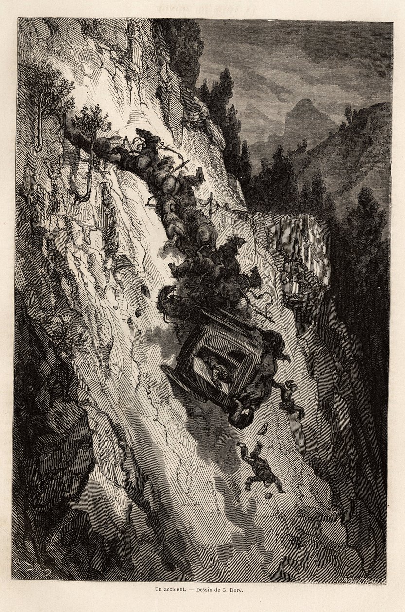 Egy szorgalmi baleset, Gustave Dore (1832-1883) rajza, hogy illusztrálja spanyolországi utazását C. Davillier-vel 1862-ben. Metszet a "" Le tour du monde "-be, szerkesztette Edouard Charton alkotó: Gustave Dore
