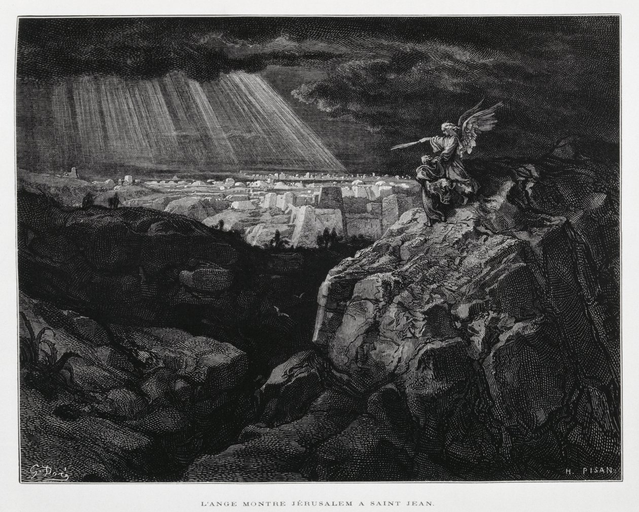 Egy angyal Keresztelő Szent Jánossal Jeruzsálem előtt, Illusztráció a Dore Bibliából. alkotó: Gustave Dore