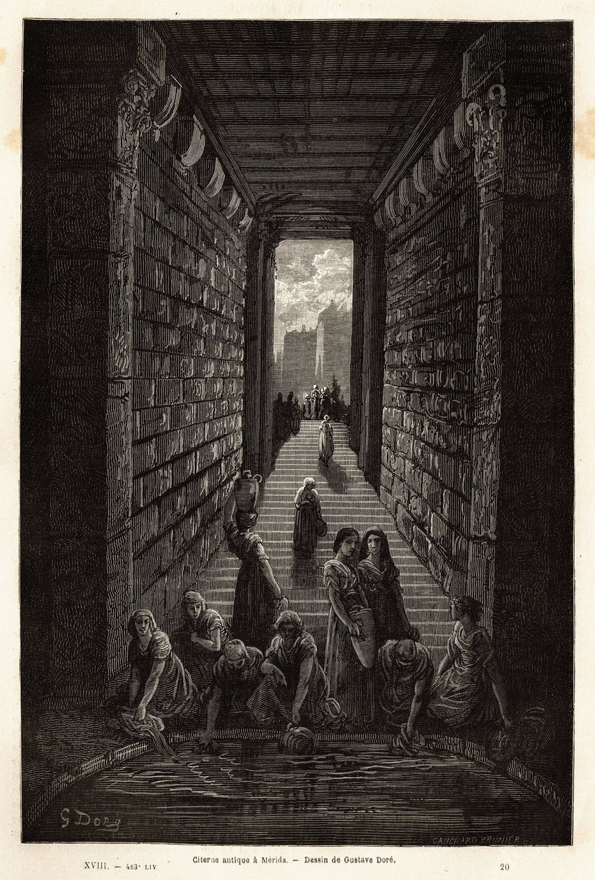 Egy antik ciszterna, még mindig használatban, Meridában. Gustave Dore (1832-1883) illusztrátor és báró Ch. metszete a spanyolországi utazás szemléltetésére. Davillier reaktor, 1862-ben, megjelent a „Le tour du monde, nouveau Journal des voyages” irányítása alkotó: Gustave Dore