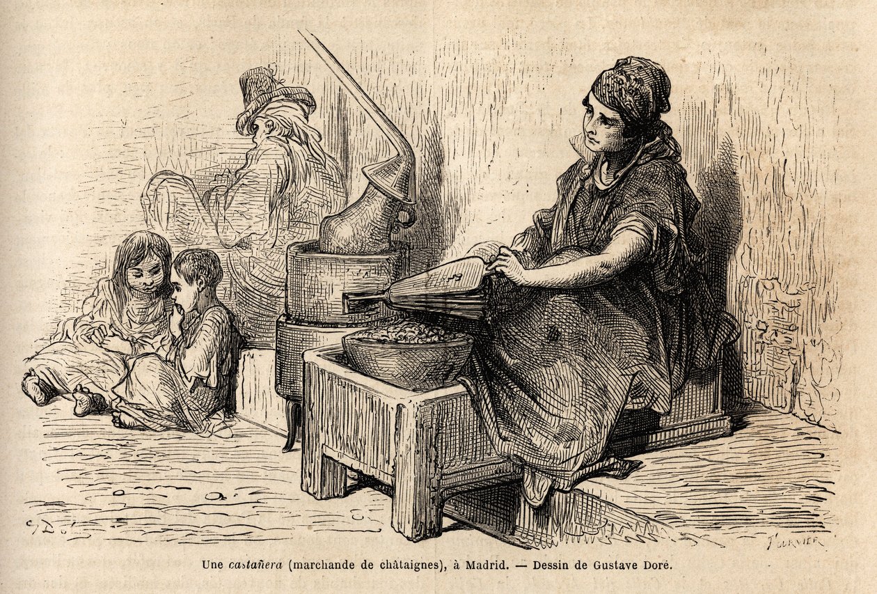 Egy szabadtéri gesztenyekereskedő, hordozható sütőjével, vázlatot rajzol a madridi Puerta del sol élénkségéről. Gustave Dore (1832-1883) metszete spanyolországi utazásának illusztrálására Ch. Davillier (szerkesztő), 1862-ben, megjelent a „Le tour du monde” alkotó: Gustave Dore