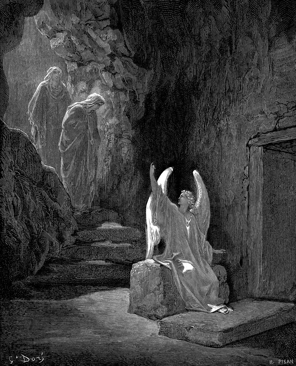 Angyal, amely Mária Magdolnát és a másik Mária Krisztus üres sírját mutatja, 1865-1866 alkotó: Gustave Dore