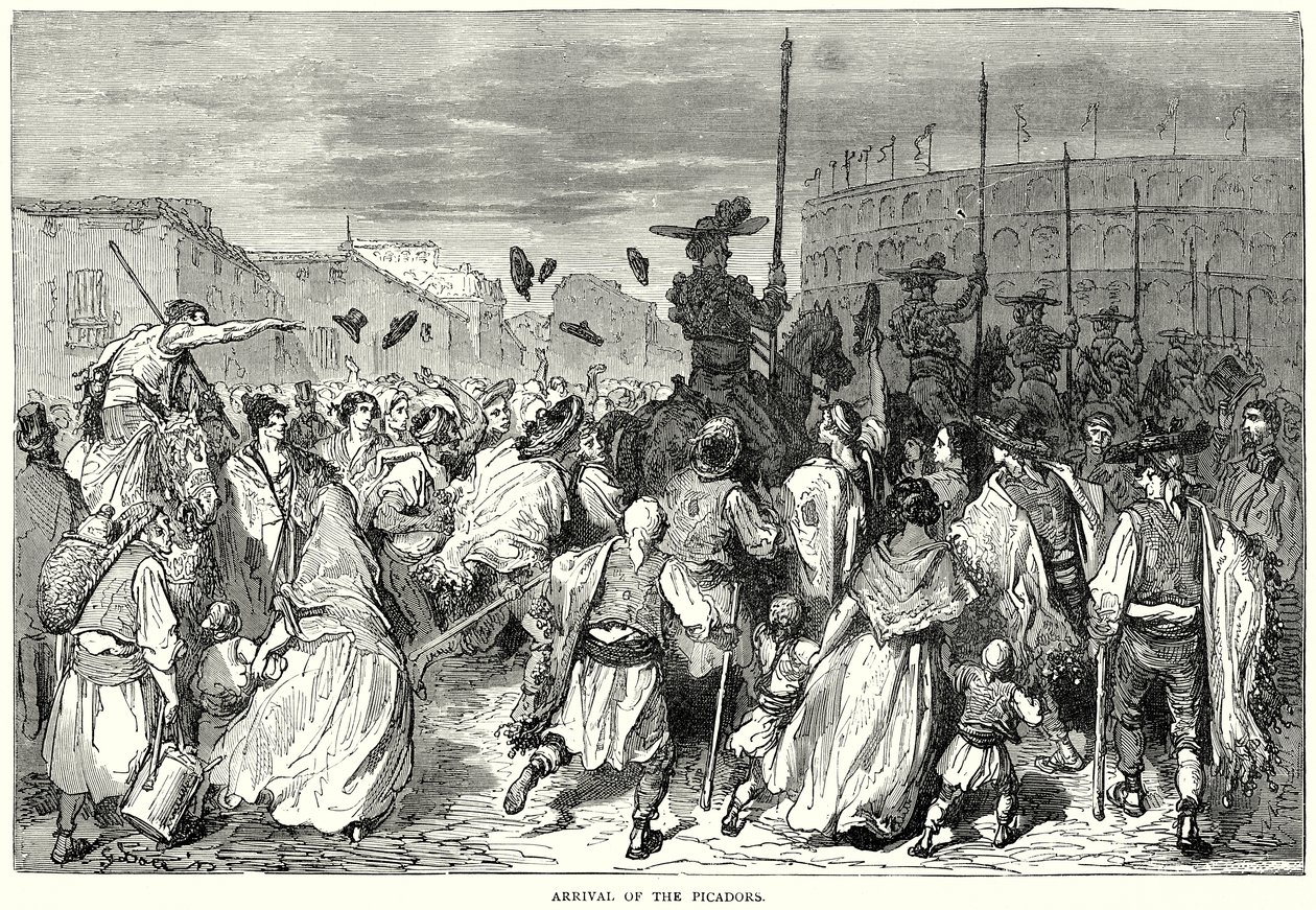 A pikadorok érkezése (metszet) alkotó: Gustave Dore
