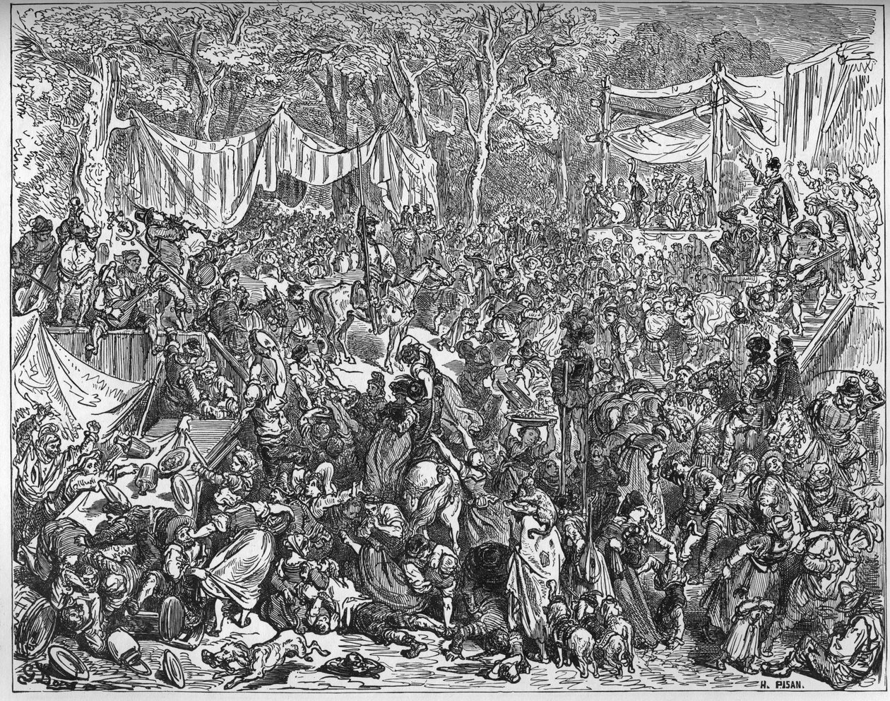 Don Quijote érkezése Camache esküvőjére - Miguel Cervantes (1547-1616) „Don Quijote de la Mancha” című művéből (Don Quijote) - Fametszet Gustave Dore rajza alapján alkotó: Gustave Dore