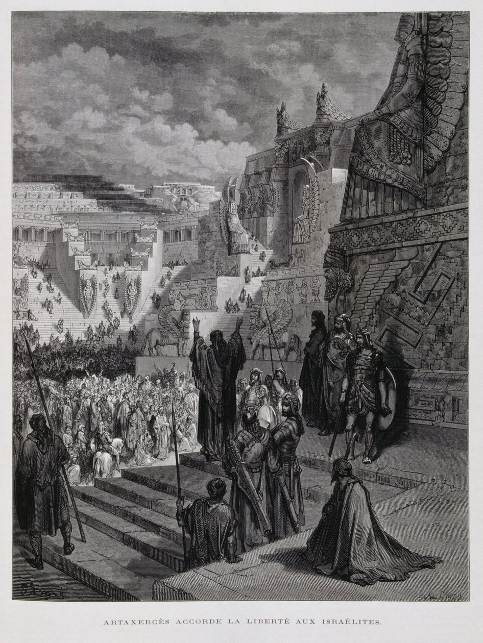 Artaxerxész szabadságot ad a zsidóknak Perzsiában, Illusztráció a Dore Bibliából. alkotó: Gustave Dore