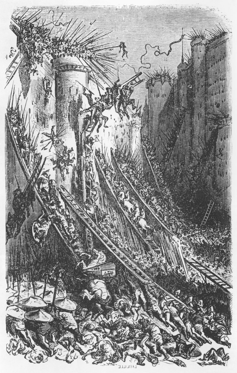 Kastély vagy erődített város megtámadása, Honore de Balzac (1799-1850) „Les Contes Drolatiques” című illusztrációja alkotó: Gustave Dore