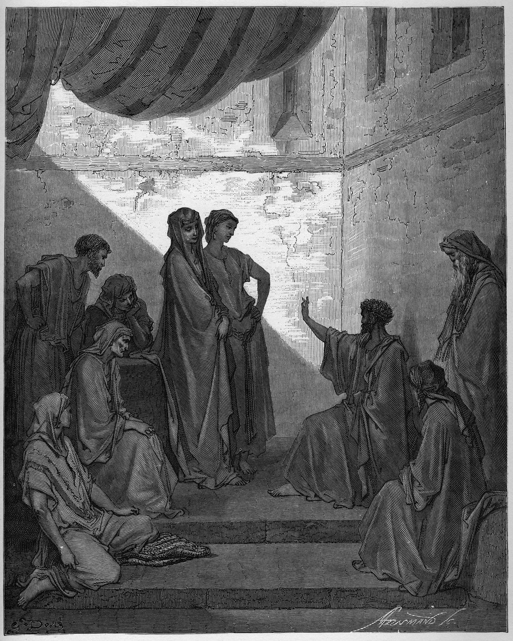 Százados Kornél megkeresztelkedése – Százados Kornéliusz elfogadja Jézus Krisztus hitét, és Szent Péter megkeresztelkedett. - Gravírozás Gustave Dore (1832-1883) „The Bible Illustree”-be - Metszet a „Dore Bibliából” alkotó: Gustave Dore