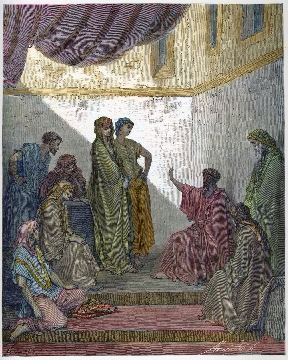 Százados Kornél megkeresztelkedése – Százados Kornéliusz elfogadja Jézus Krisztus hitét, és Szent Péter megkeresztelkedett. - Gravírozás Gustave Dore (1832-1883) „The Bible Illustree”-be - Metszet a „Dore Bibliából” alkotó: Gustave Dore