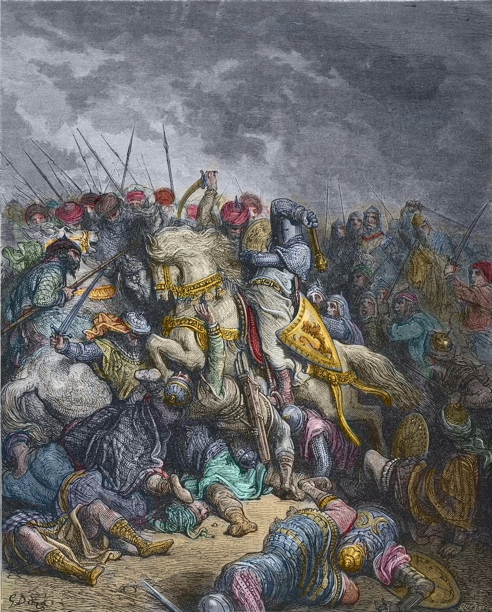 Arsuri csata - I. Richárd Oroszlánszív (1157-1199), angol király részt vesz a 3. keresztes hadjáratban - Oroszlánszívű Richárd az arsufi csatában (1191), Harmadik keresztes hadjárat, Gustave Dore metszete - Joseph A keresztes hadjáratok történetéből -Franc alkotó: Gustave Dore
