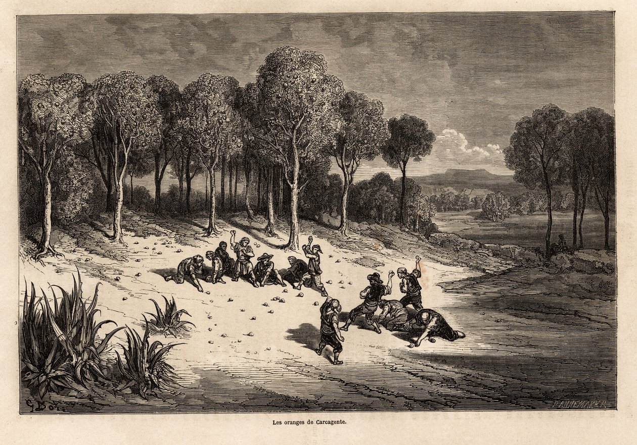 Carcagente Narancscsata, Gustave Dore (1832-1883) rajza, hogy illusztrálja spanyolországi utazását C.Davillier-vel 1862-ben. Metszet a „Le tour du monde”-ban, szerkesztette Edouard Charton alkotó: Gustave Dore