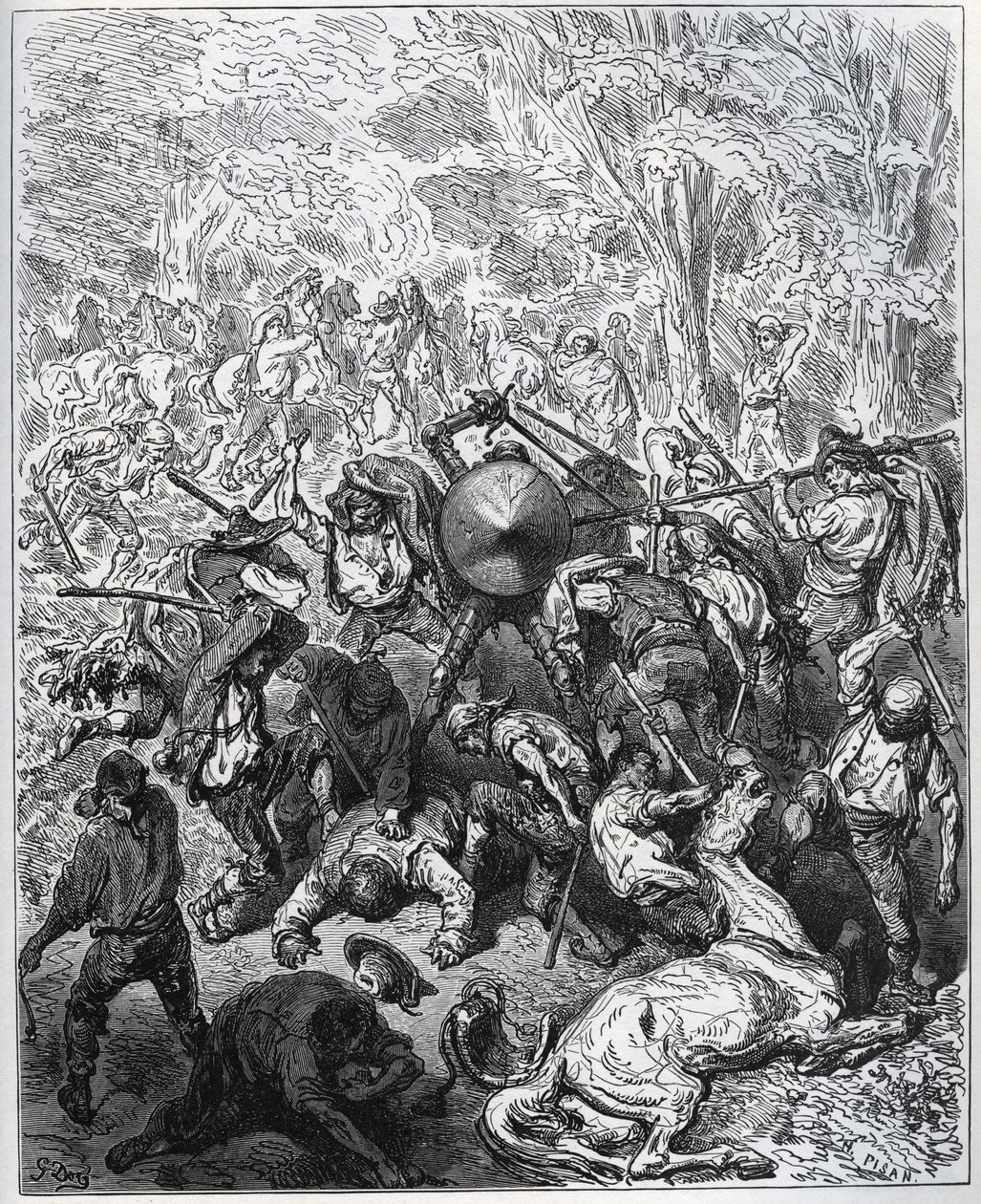 Harc az öszvérgyártókkal - A yangoik használták a ütőiket - Miguel Cervantes (1547-1616) "Don Quijote de la Mancha" című filmjéből (Don Quijote) - Fametszet Gustave Dore rajza alapján alkotó: Gustave Dore