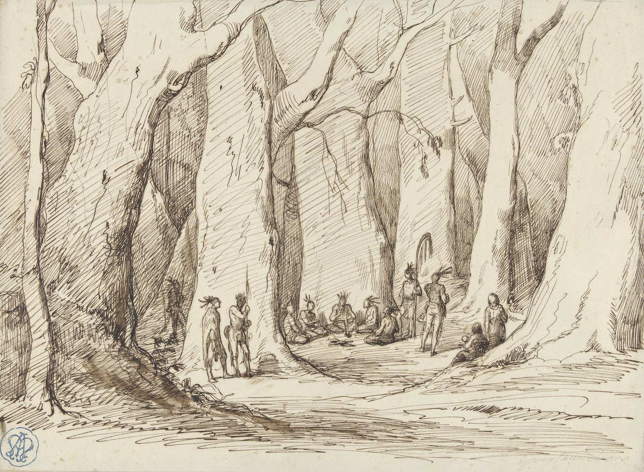 Amerikai őslakosok gyülekezése egy erdőben alkotó: Gustave Dore