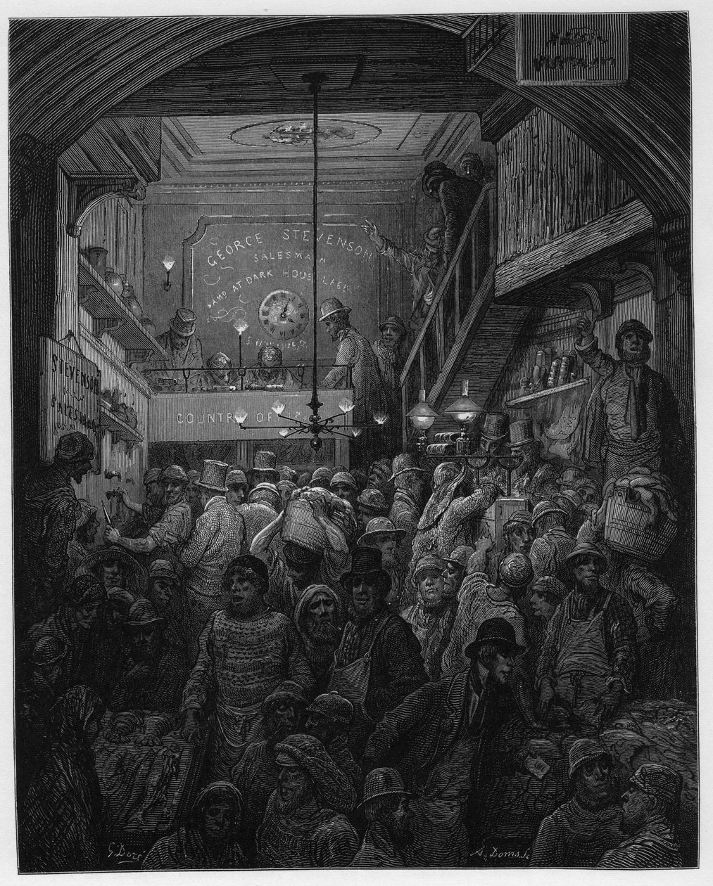 Billingsgate – Halak eladása a crieben. Louis Enault londoni illusztrációja Gustave Dore illusztrálásával alkotó: Gustave Dore