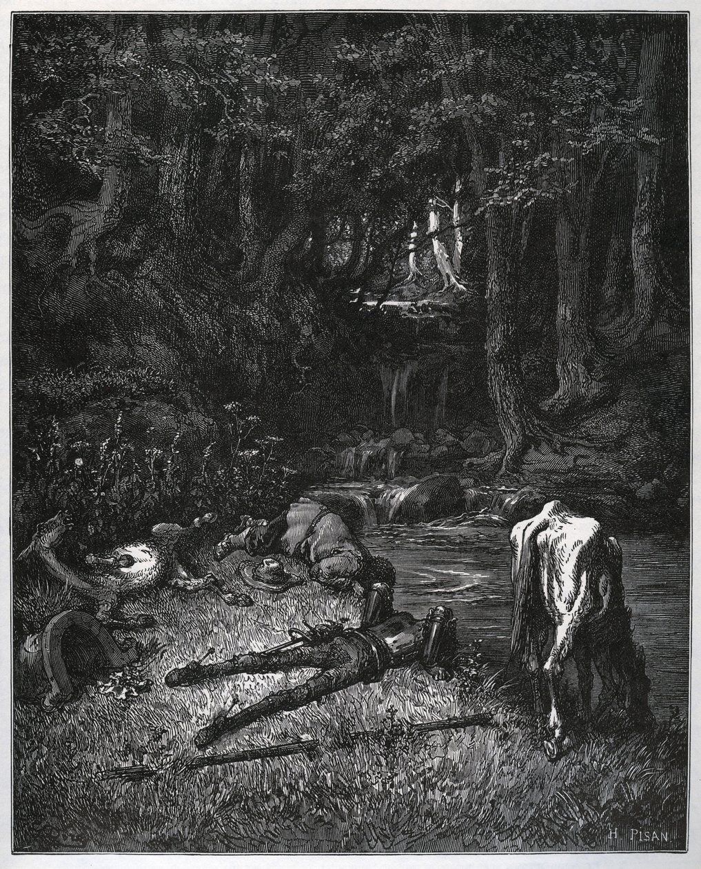 Bivak az erdőben - A hely szépségétől megörvendezve elhatározták, hogy ott töltik az órákat - Miguel Cervantes (1547-1616) „Don Quijote de la Mancha” című művéből (Don Quijote) - Fametszet rajzolás után Gustave Dore alkotó: Gustave Dore