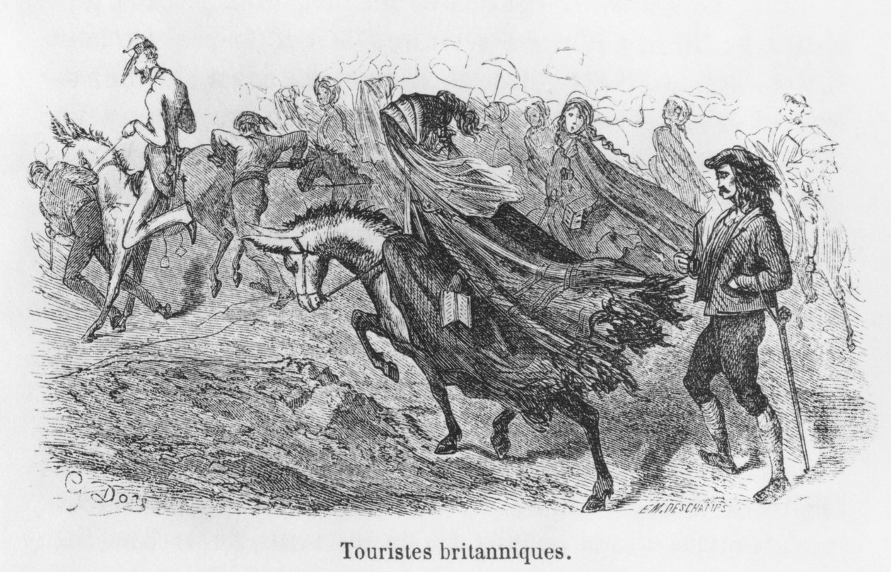 Brit turisták, illusztráció Hippolyte Taine (1828-93) „Voyage aux Pyrenees” című művéből, Emile Deschamps (19. század) metszete alkotó: Gustave Dore