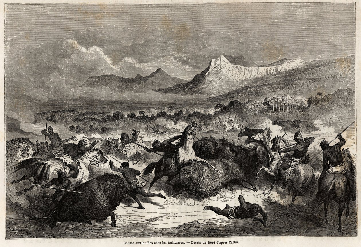 Bivalyvadászat a delavárok, az azonos nevű folyó partján élő amerikaiak között, Gustave Dore (1832-1883) rajza, Baudouin Mollhausen (1825-) 1853-54-es Mississippi Csendes-óceáni utazásának illusztrálására. 1905). Engravi alkotó: Gustave Dore