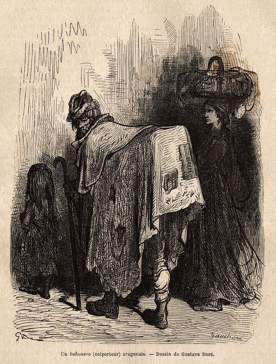 Buhonero, aragóniai házaló. Gustave Dore (1832-1883) rajza. A spanyolországi utazást illusztráló metszet, Charles Davillier 1862-ben, megjelent a „Le tour du monde”” 1872-ben, szerkesztette Edouard Charton, Hachette kiadás, Párizs. Selva kollekció. alkotó: Gustave Dore