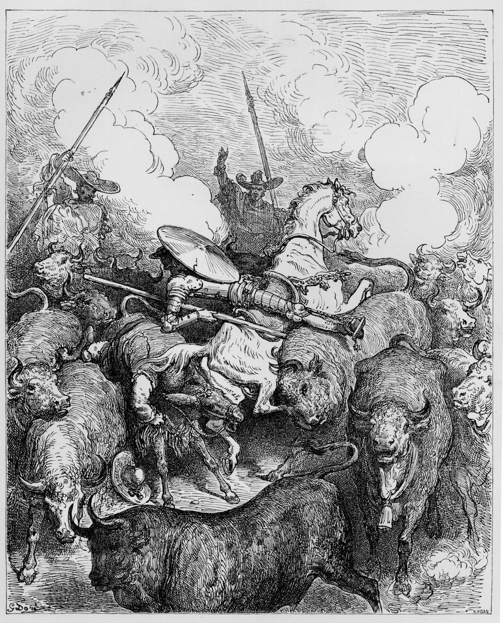Bikaviadal, Miguel Cervantes "Don Quijote de la Mancha" című művéből, Heliodore Joseph Pisan metszete, 1875 körül. alkotó: Gustave Dore