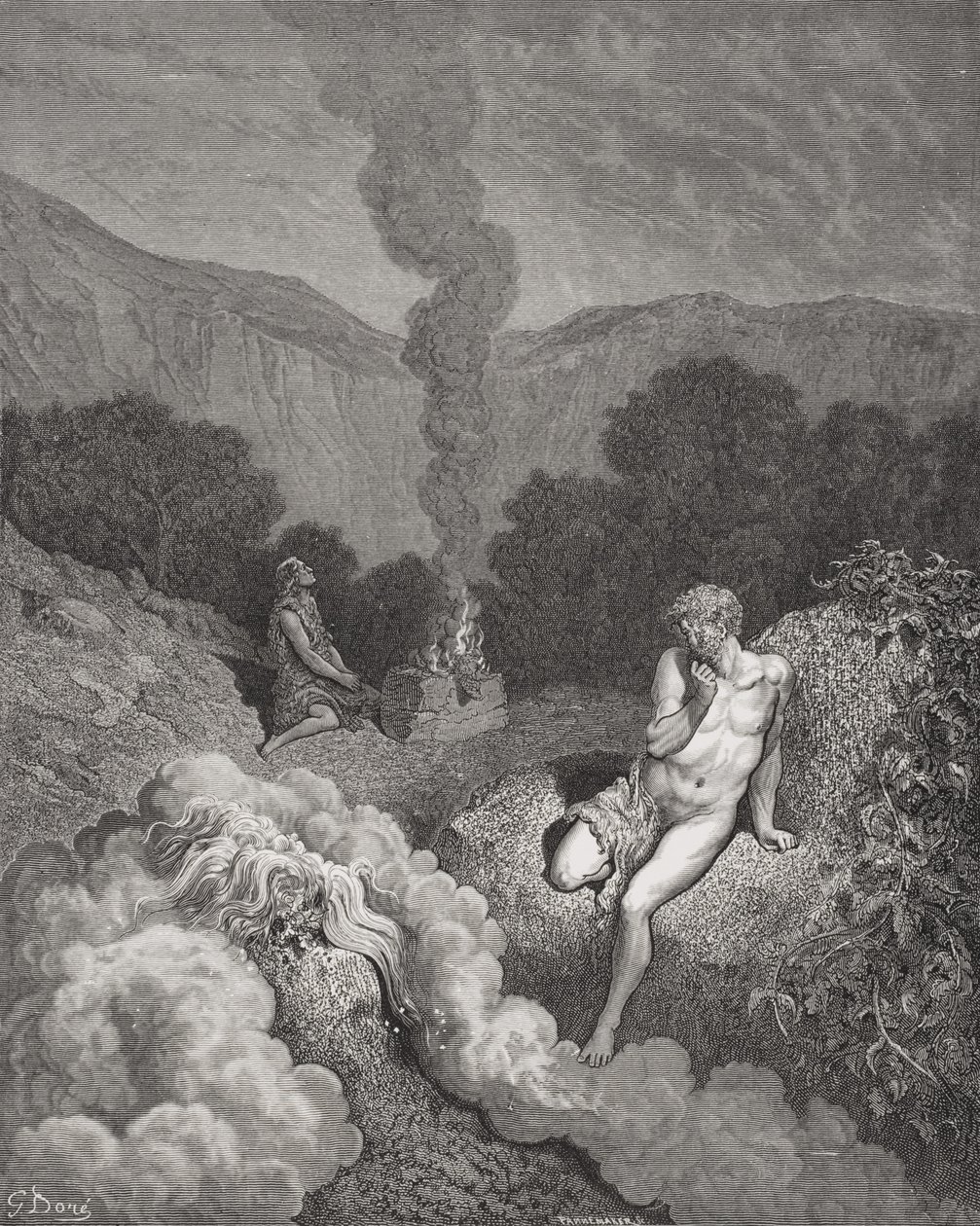 Káin és Ábel áldozatokat ajánlva, illusztráció Dore „The Holy Bible” című könyvéből, Pannemaker metszet, 1866 (metszet) alkotó: Gustave Dore